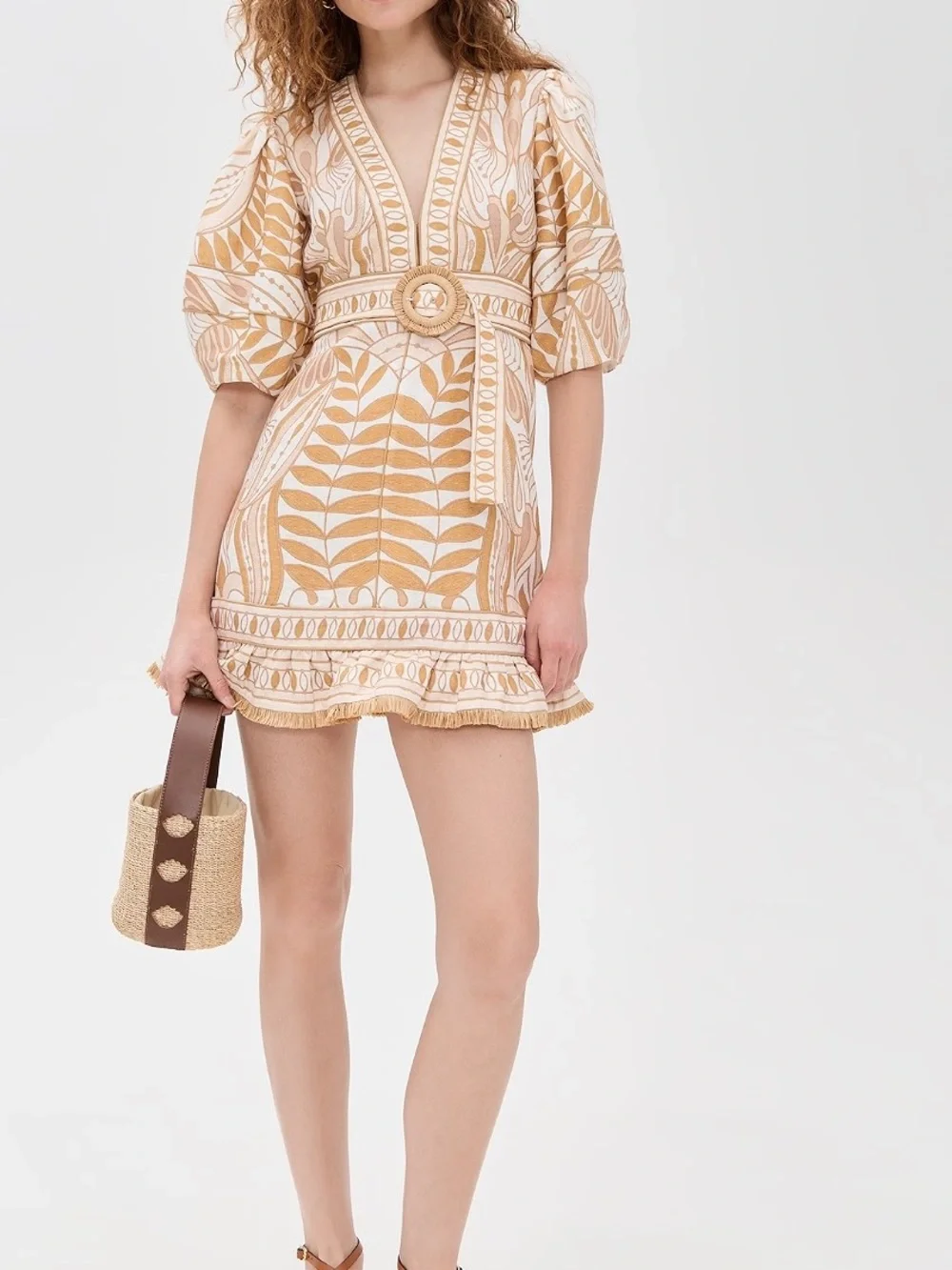 FARM Rio Lace Nature Short Sleeve Mini Dress with Woven Belt - Picture 4 of 8